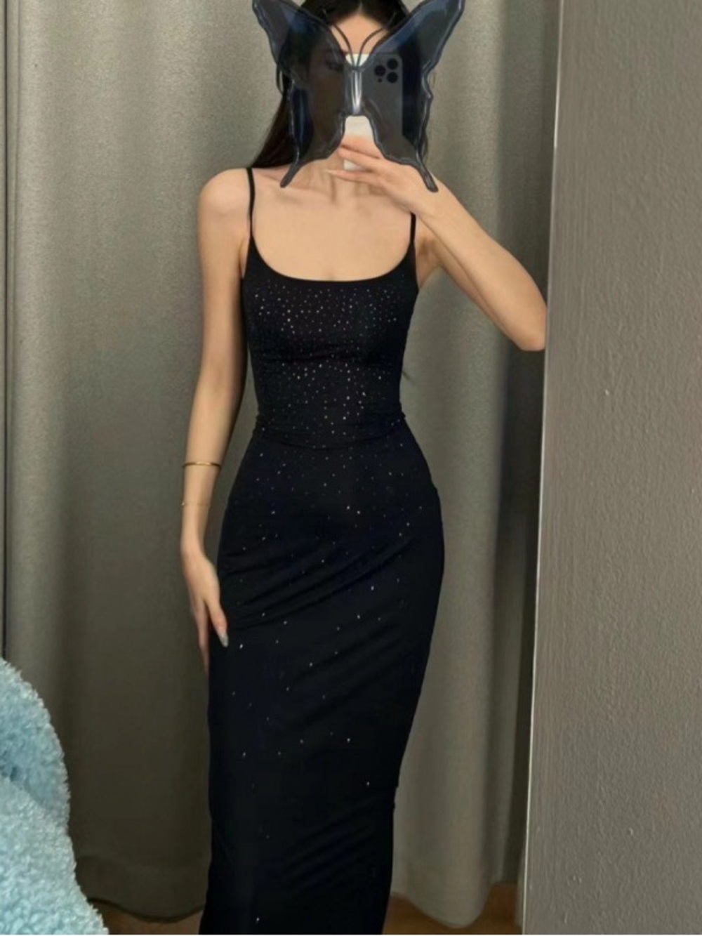 SKIMS Black Sparkle Slip Maxi Dress